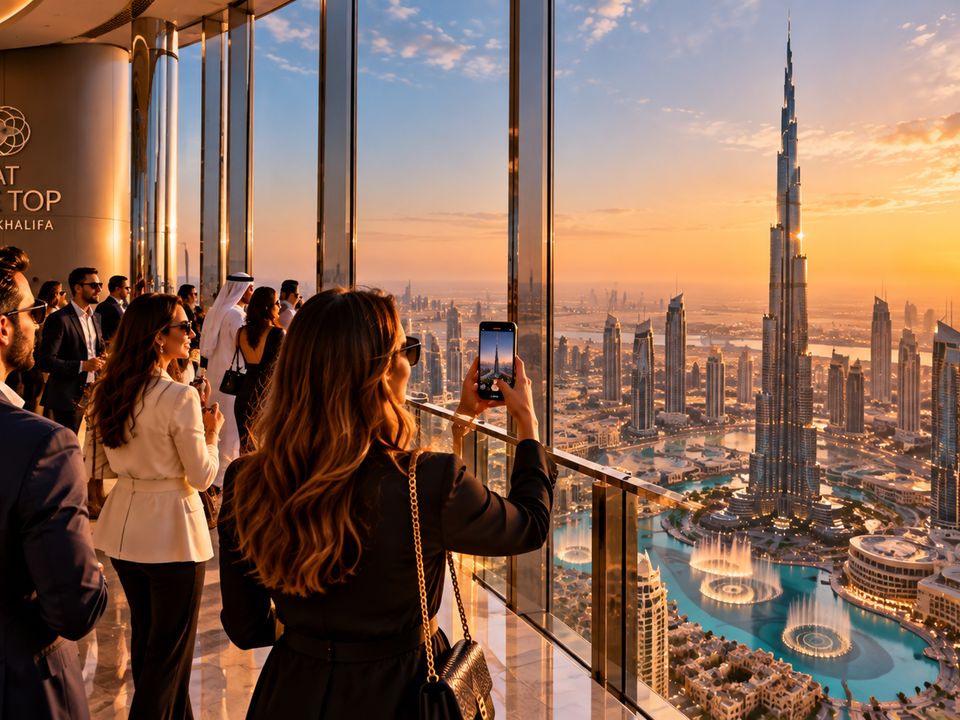 Mirante At the Top do Burj Khalifa ao pôr do sol, com vista para as fontes de Dubai
