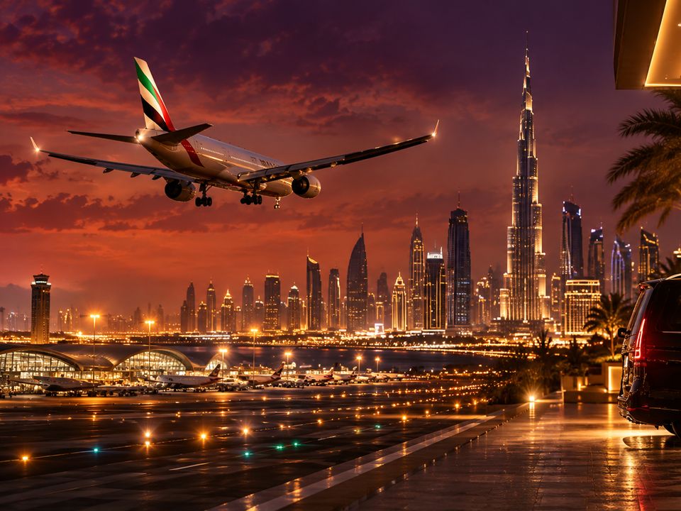 Avião chegando a Dubai ao entardecer, com o Burj Khalifa ao fundo
