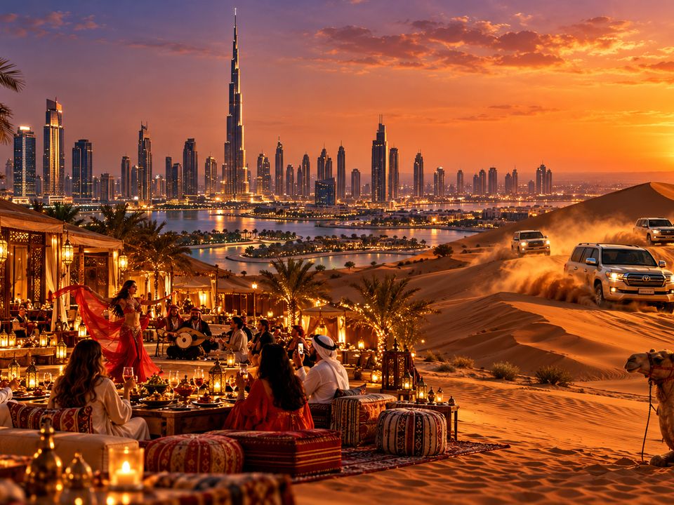 Acampamento no deserto ao pôr do sol, com 4x4 nas dunas, camelo e o skyline de Dubai