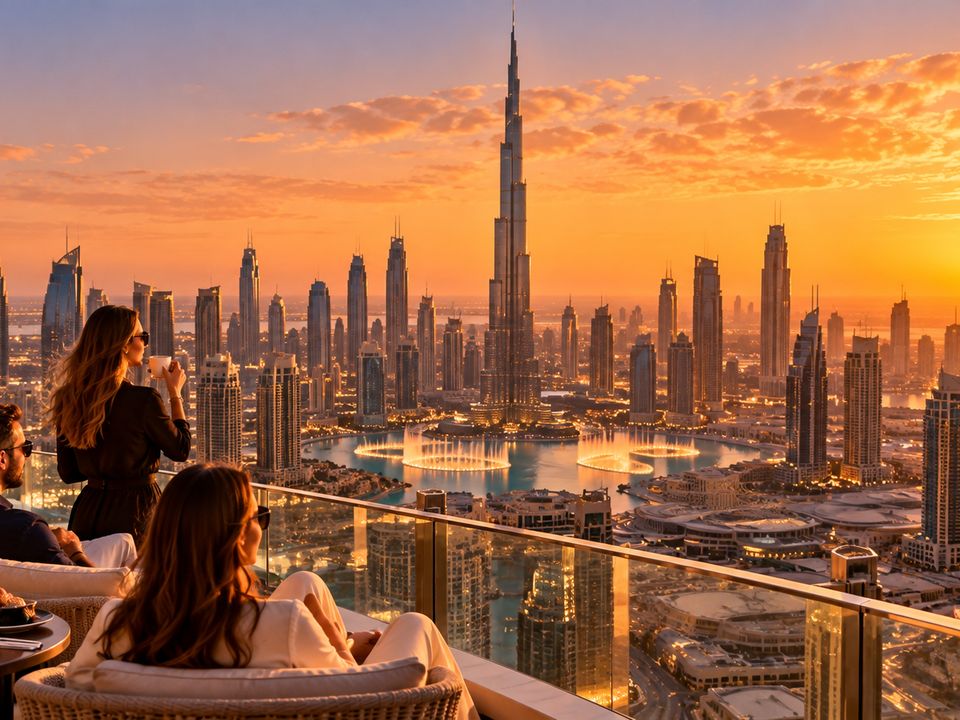 Vista do alto de Dubai ao pôr do sol, com o Burj Khalifa e as fontes