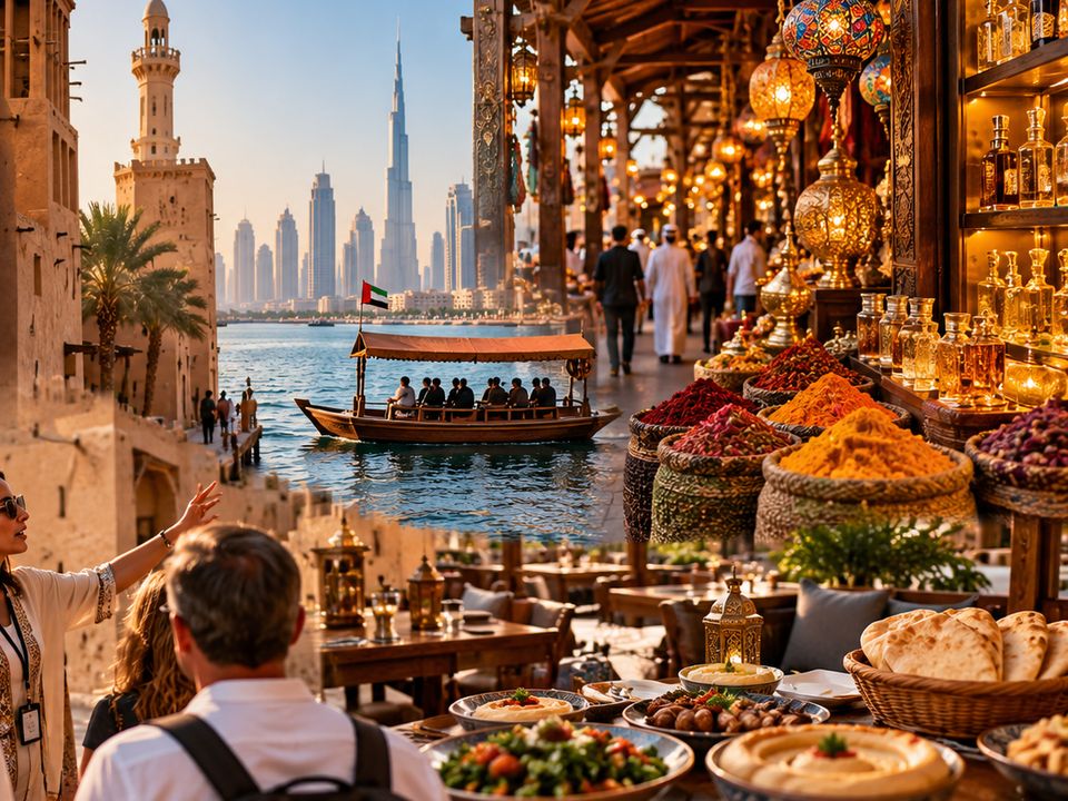 Dubai antiga: barco abra no Creek, souk de especiarias e perfumes e mesa árabe